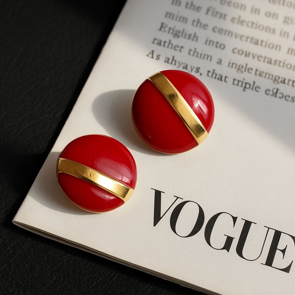1980s Vintage Red & Gold Stud Earrings – Bold Enamel, 1 Inch